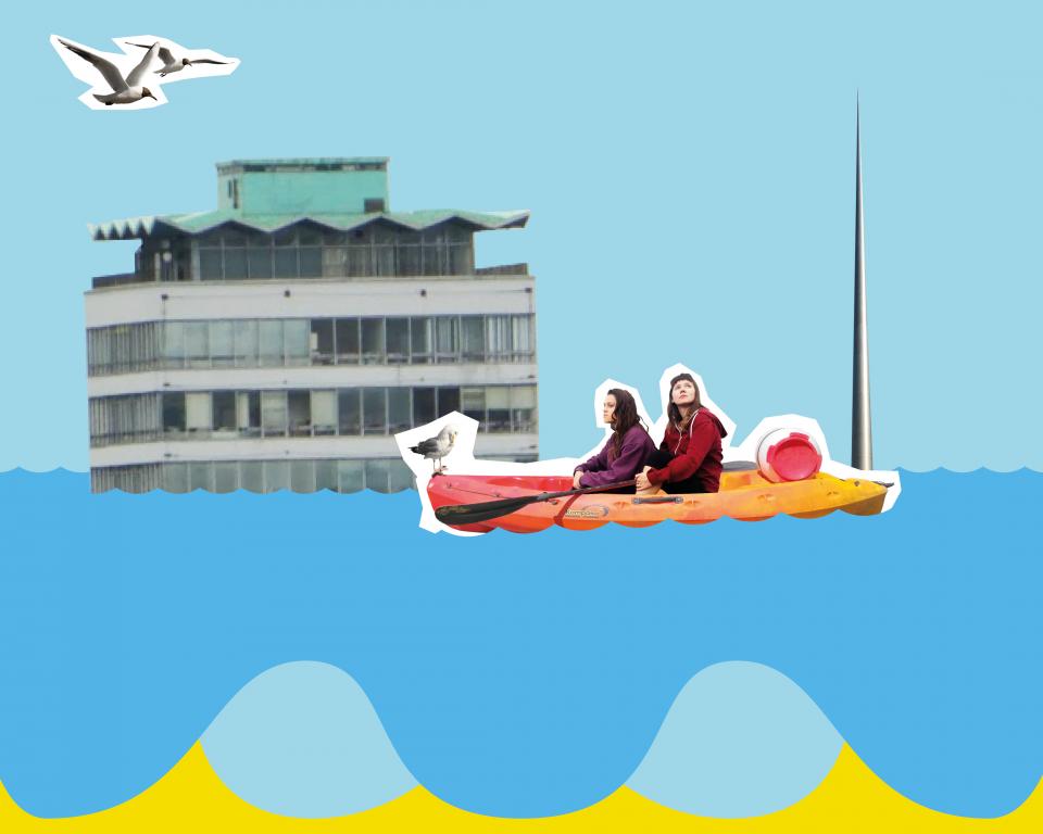 A collage image of two women on a boat floating past a submerged Spire and Liberty Hall with two seagulls overhead