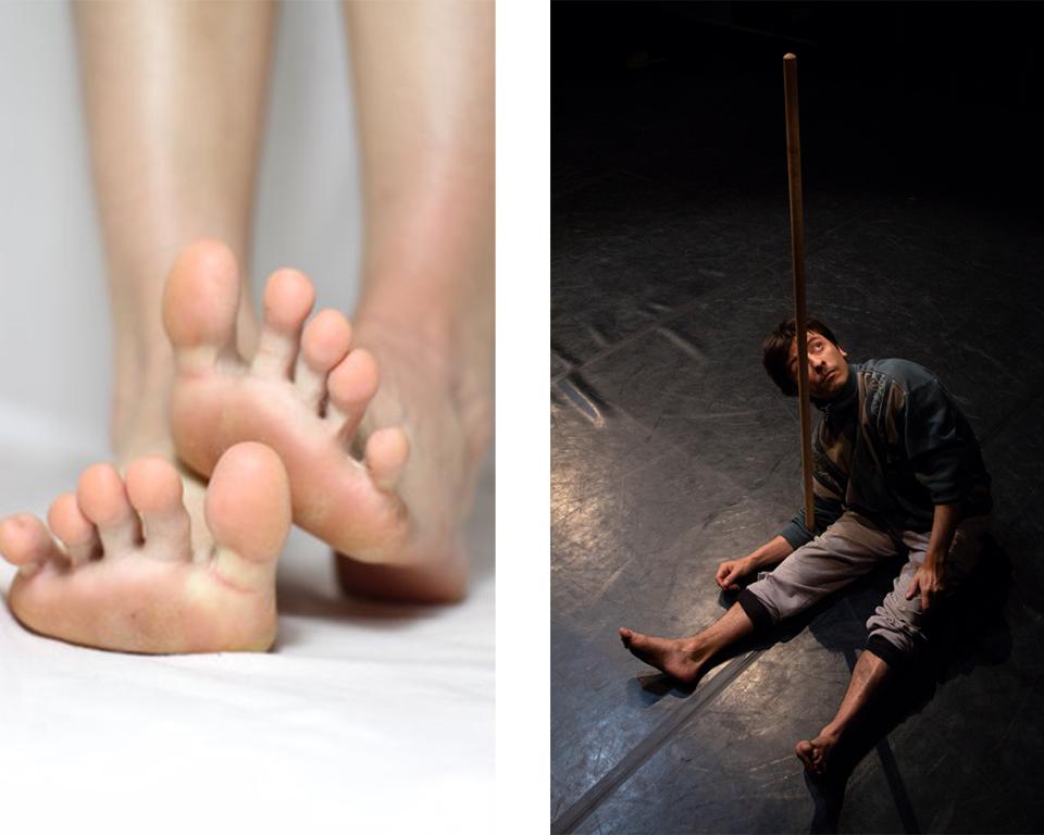 one image of feet, one image of a man and a stick