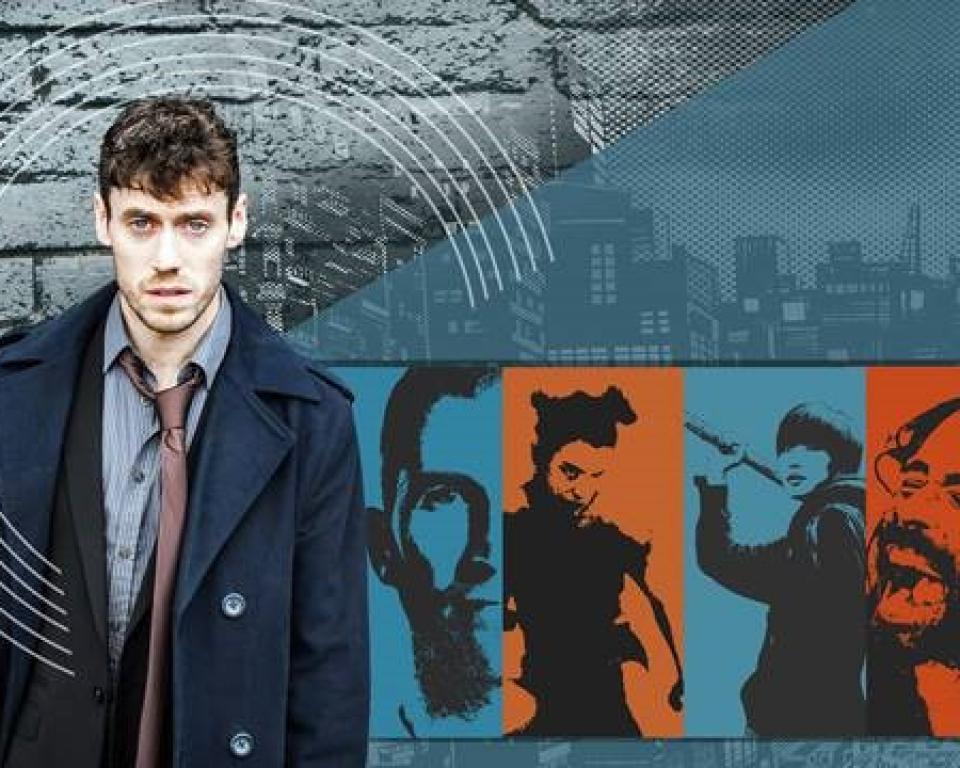 Villains, man on collage background