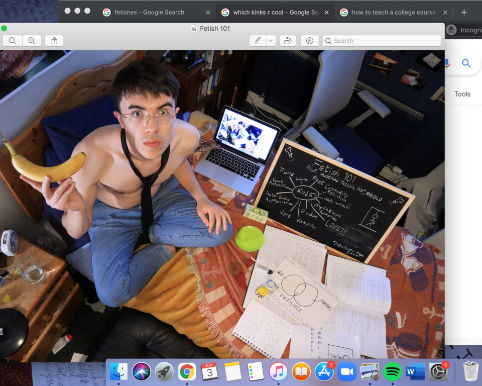 Image of Matthew on his bed covered with teaching materials