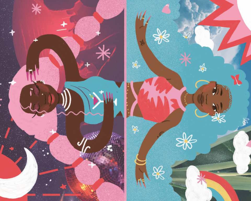 Illustration of two figures in day and night enjoying themselves