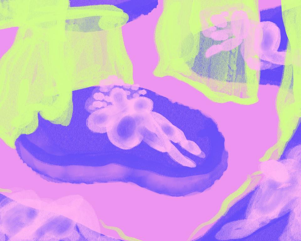 An abstract illustration in purple and green