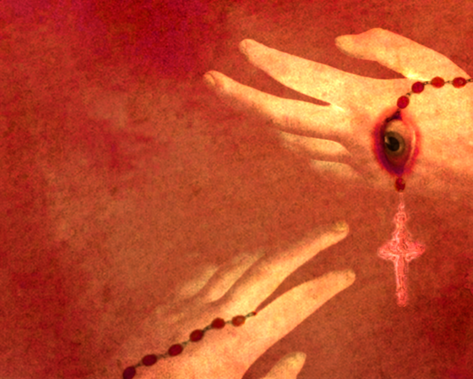 Painting of rosary beads wrapped around two hands and an eye on the back of one hand. 