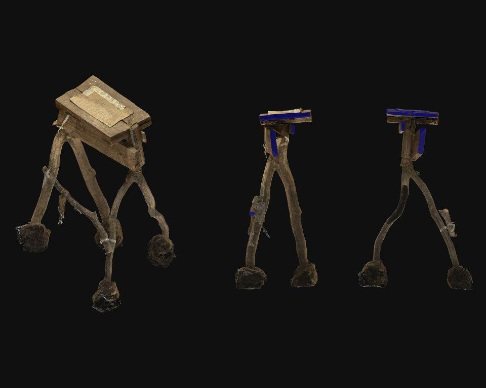 Three different walking sticks arranged together, highlighting their diverse shapes and functionalities for users.