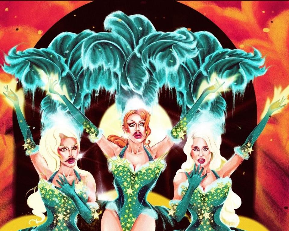Comic book cover featuring three women dressed in vibrant green costumes, showcasing their dynamic poses and expressions.
