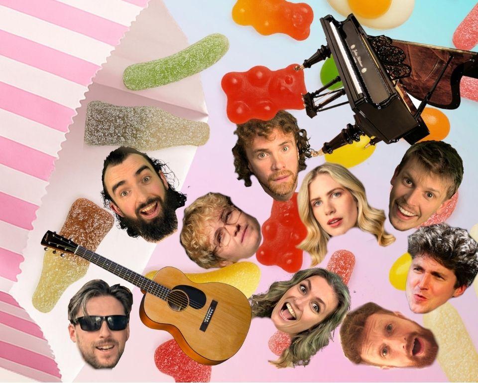 A group of peoples cheerful heads, sweets and musical instruments being poured out of a sweets bag