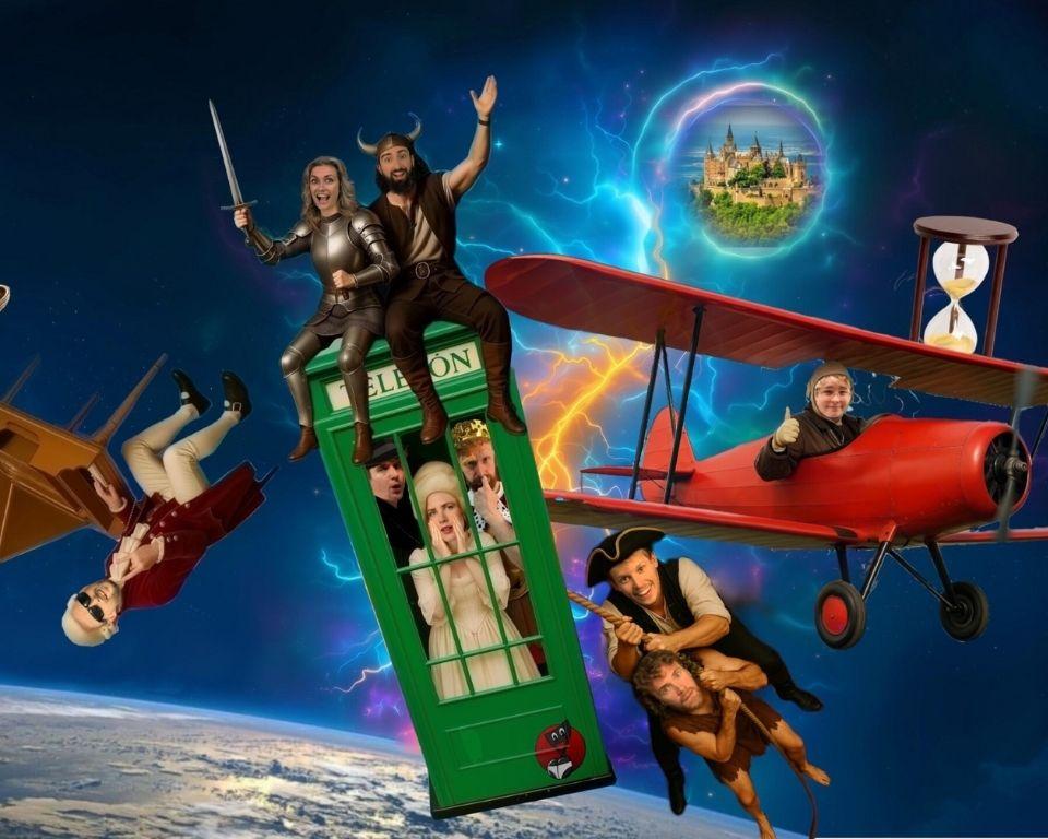 an absurd image in space with a diverse group of people dressed in various historic era clothing, riding a plane, a rope, a phone booth and a piano.