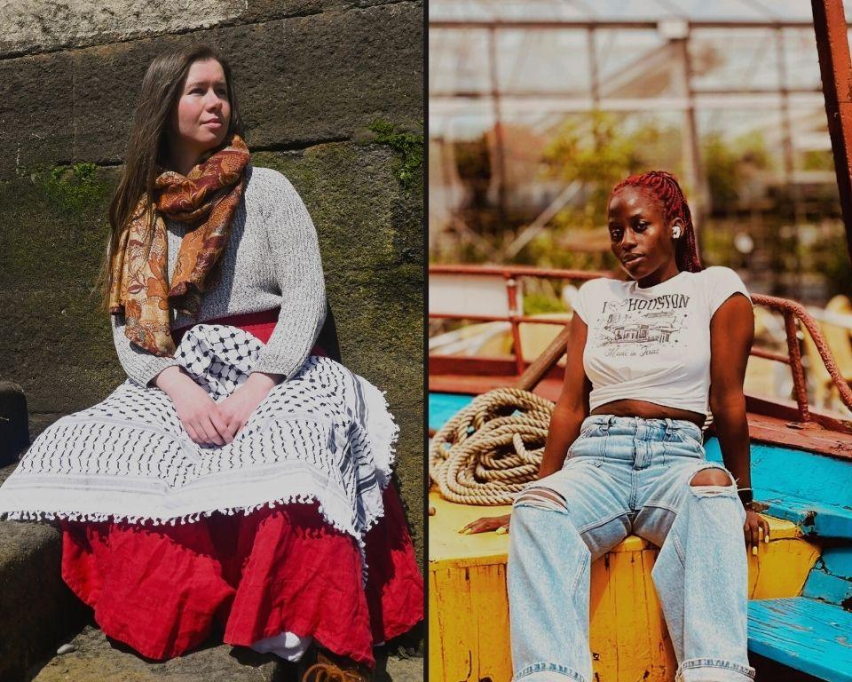 Two images of women sitting; one woman is wearing a colorful scarf and the other is sitting on a boat.