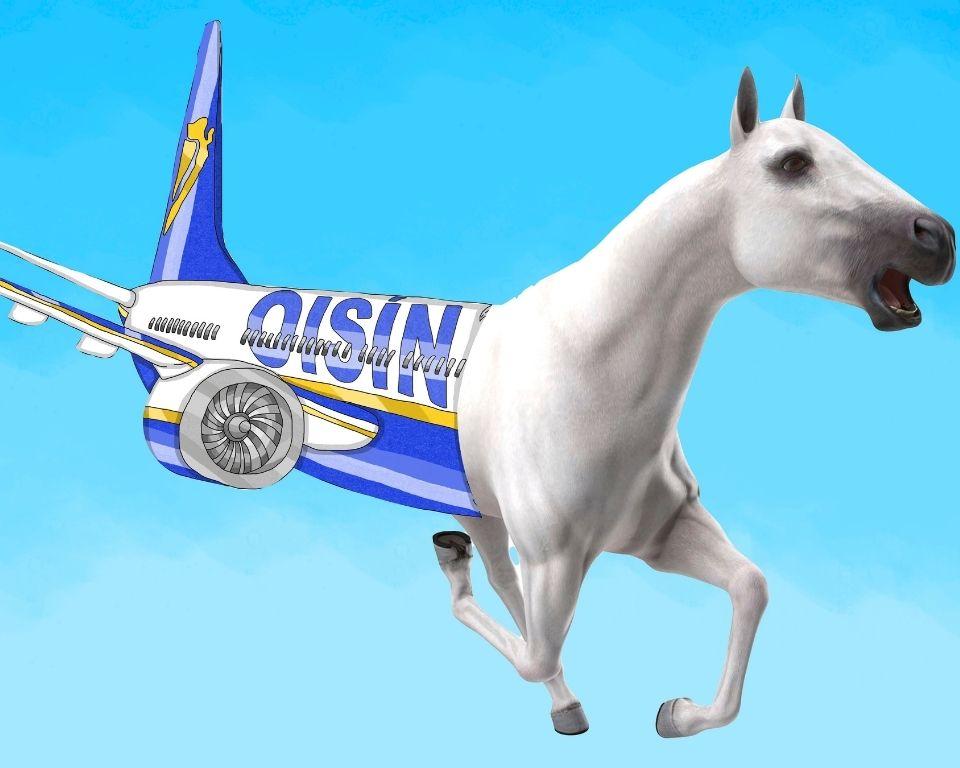 A horse dressed as a Ryanair plane flying through a blue sky