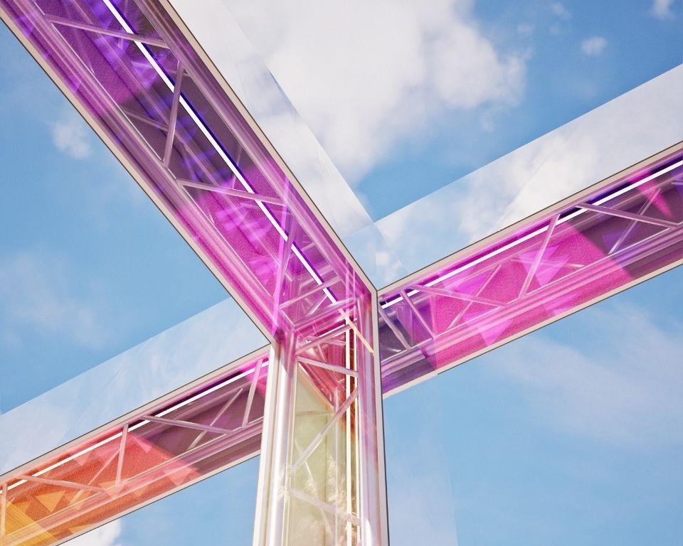 An abstract sculpture bottom perspective shot, with neon hues 