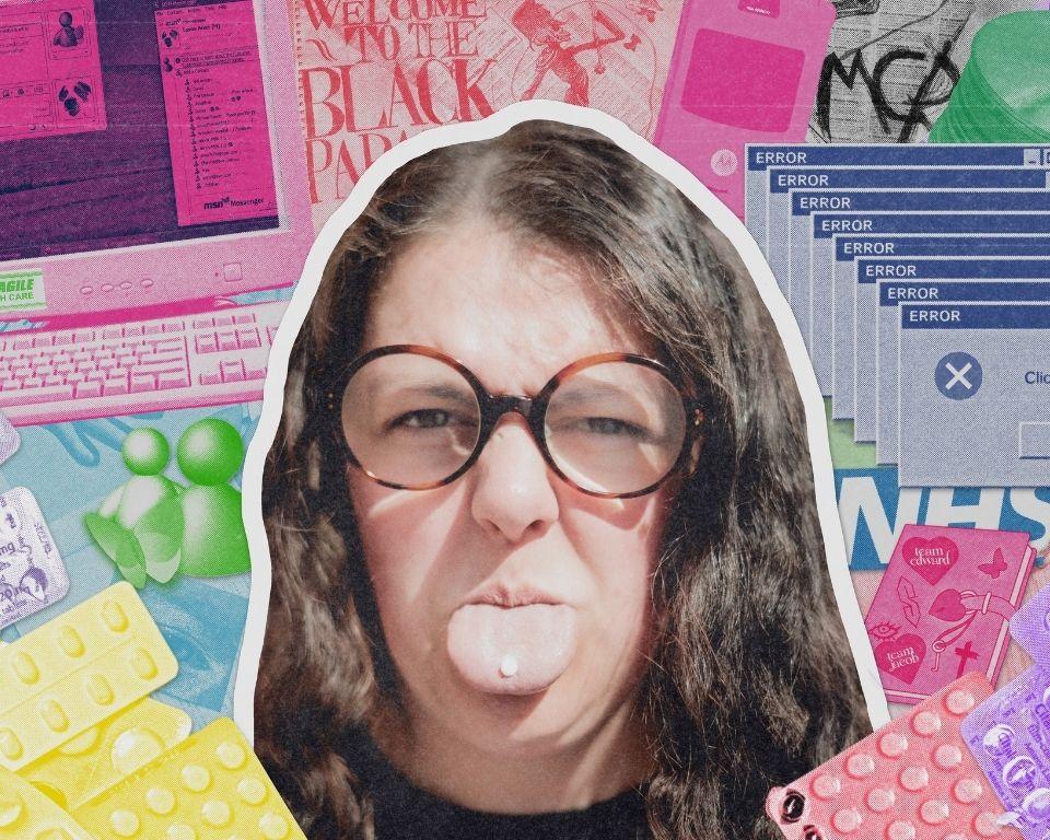 A woman with glasses is surrounded by a chaotic collection of colorful stickers.
