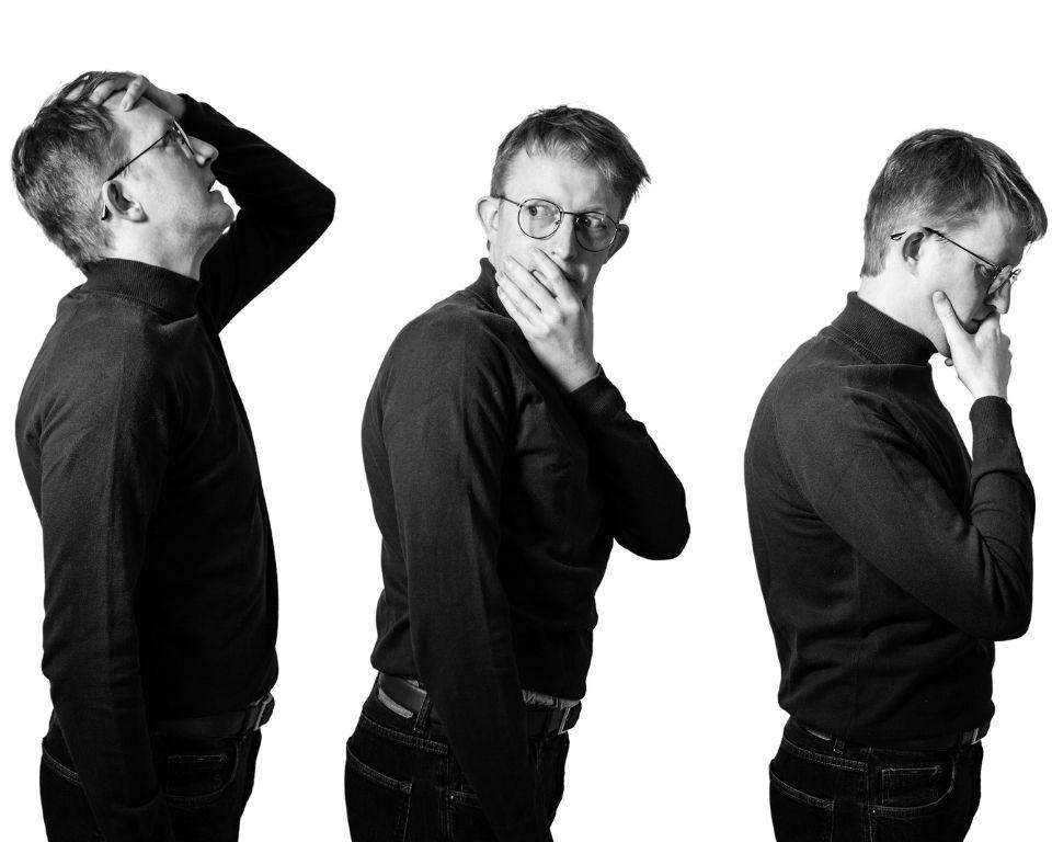 A man with glasses and wearing a turtleneck poses in three different stances, showcasing varied expressions and body language.