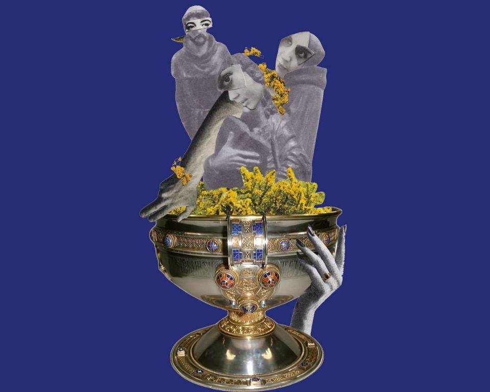 Surreal digital collage of grayscale figures and yellow flowers emerging from an ornate golden chalice. Symbolic artwork blending mythology, Irish identity, and contemporary art themes. Conceptual image for performance, visual art, or cultural storytelling.