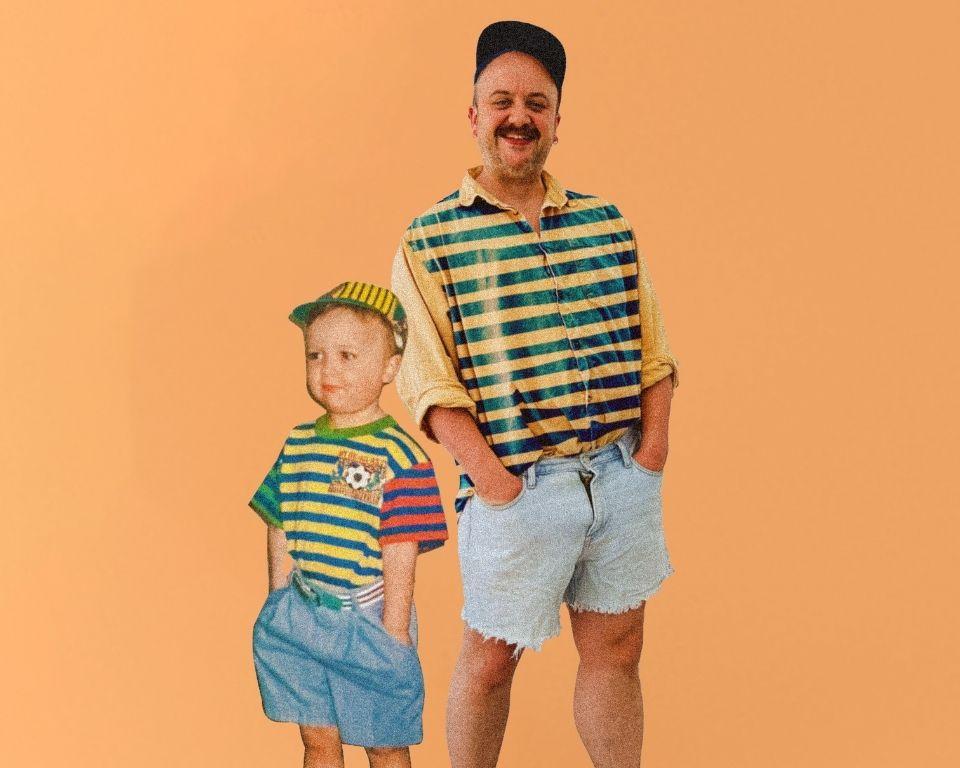Image of man standing beside his younger self