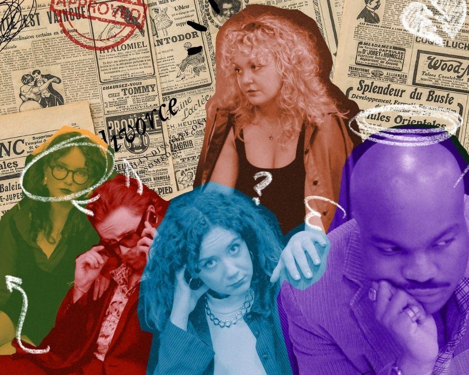 A collage featuring diverse individuals sitting on a couch, each reading a newspaper, engaged in conversation.