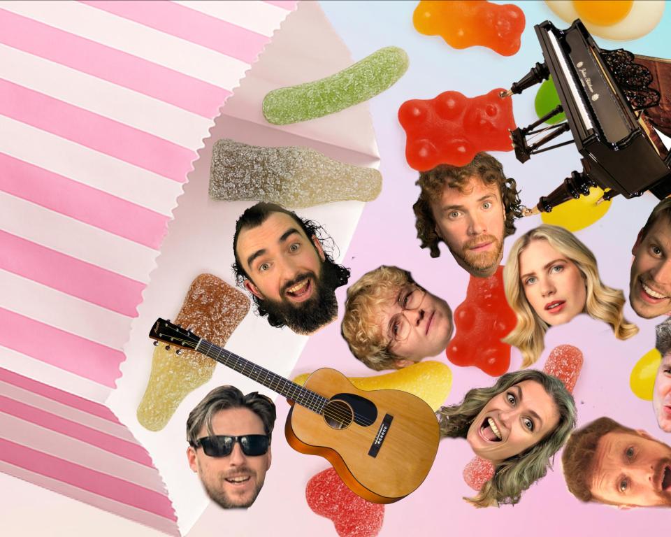 Sweets and heads coming out of a pink bag