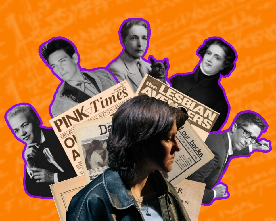 A profile shot of a person in a leather jacket layered over a collage of historical LGBTQ+ figures, vintage newspapers, and an orange background.