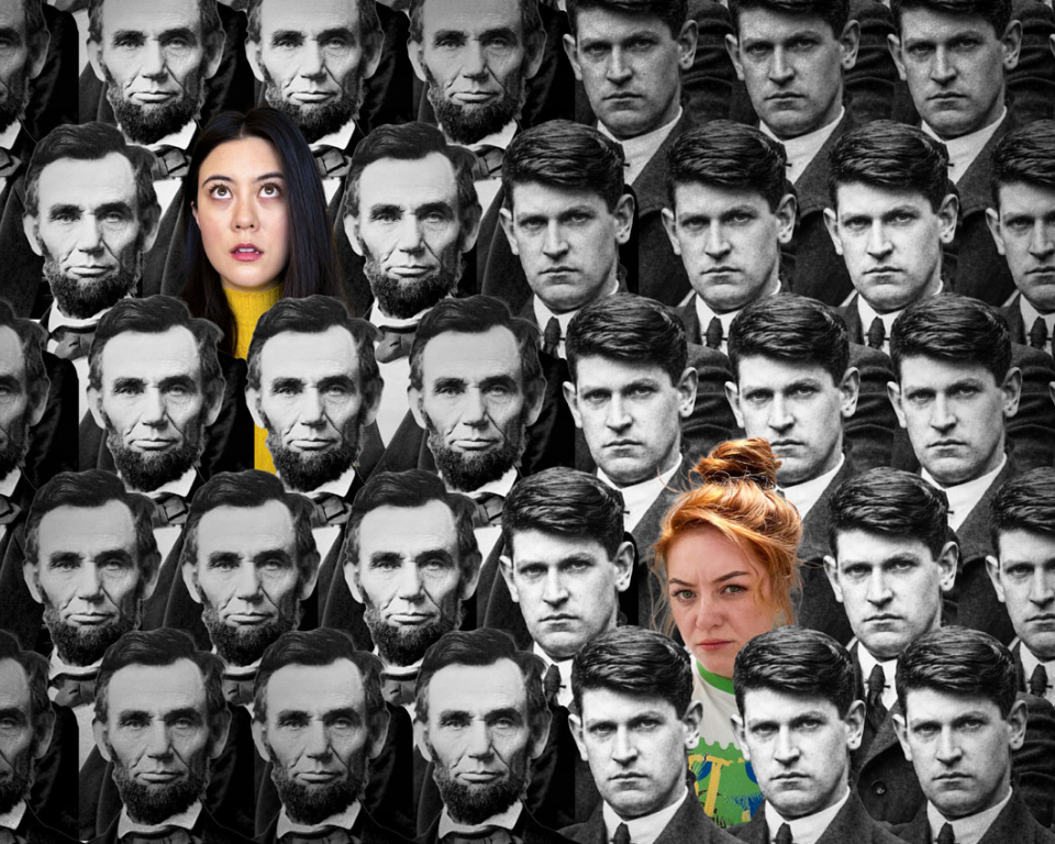 A collage-style image of two women surrounded by repeated black-and-white portraits of Abraham Lincoln and another historical figure.