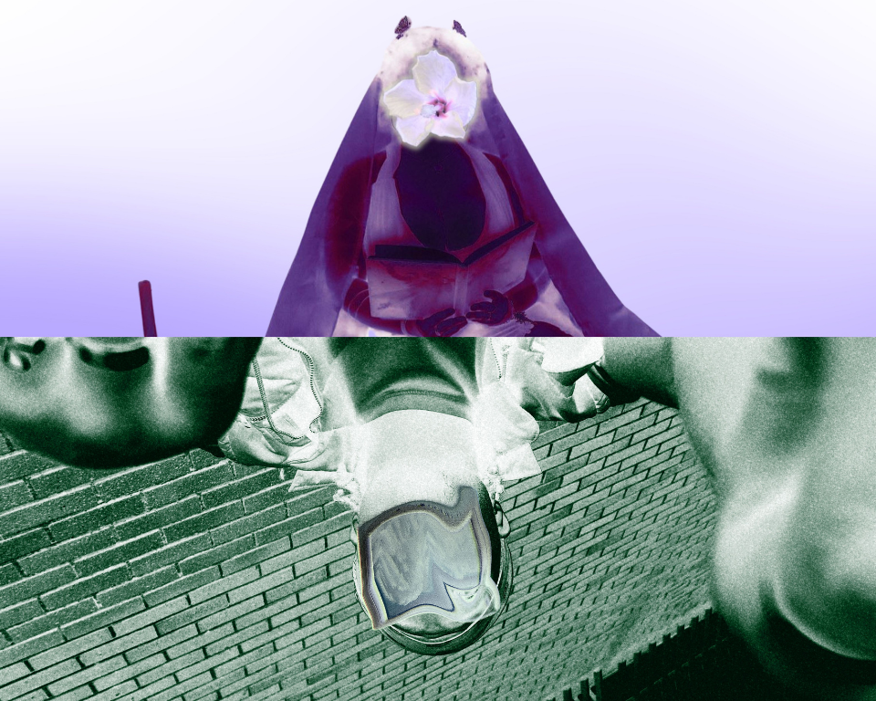 An abstract split image with a purple-veiled figure above and green-tinted close-up body details below.