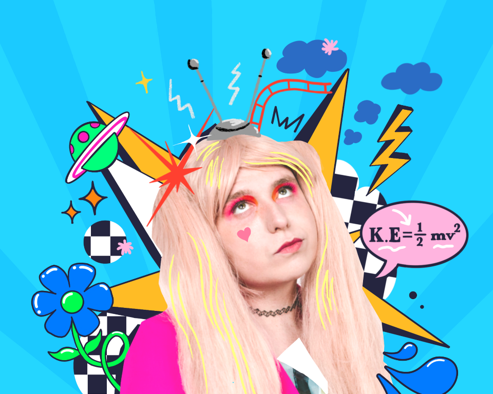 A bright cartoon-style collage of a person with pink hair against a blue background with planets, lightning, flowers and a physics formula bubble.