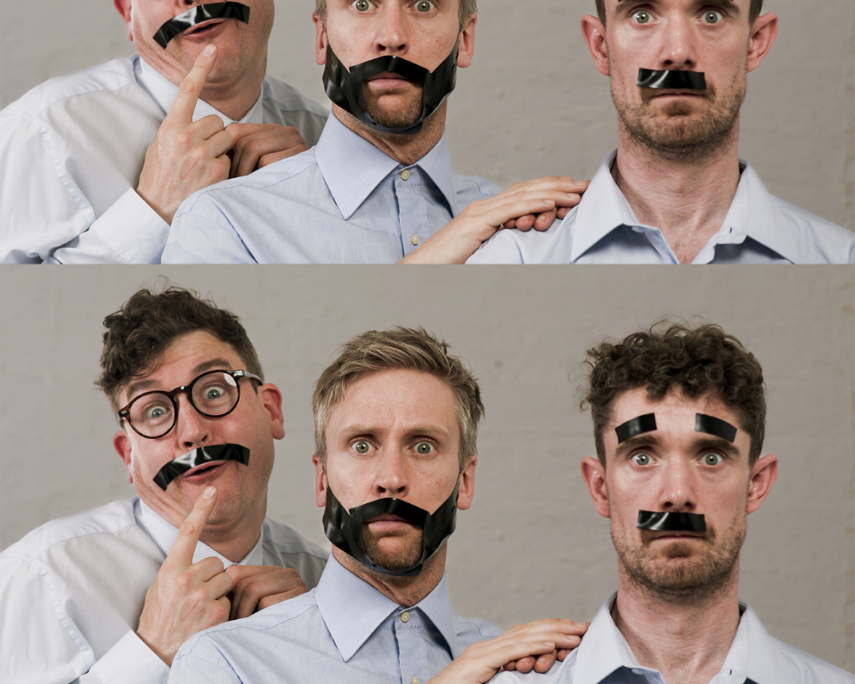 A two-panel photo of three men wearing taped-on black moustaches, looking startled and comic.