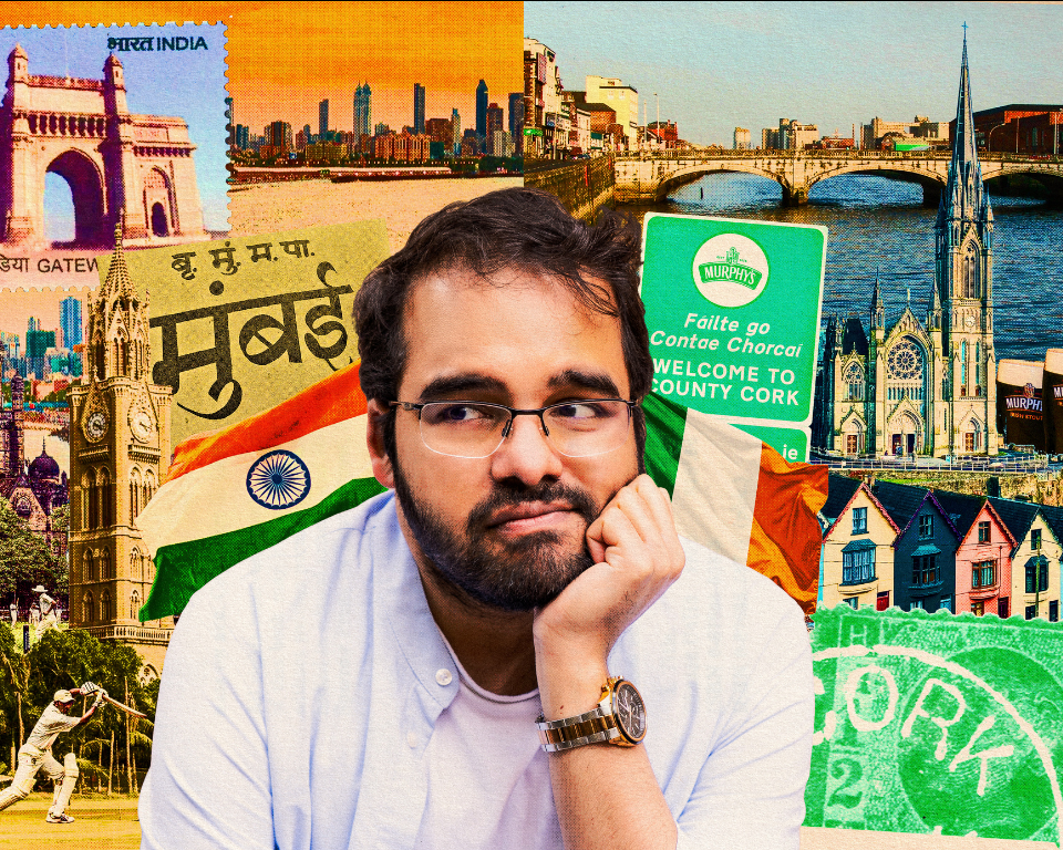 A man rests his head on his hand in front of a colourful collage combining Mumbai and Cork imagery, including landmarks, text and maps.