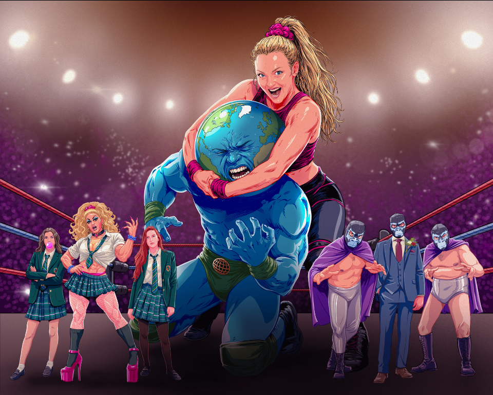 A colourful illustrated wrestling scene with a woman holding a blue globe-headed figure in a ring, surrounded by other characters.