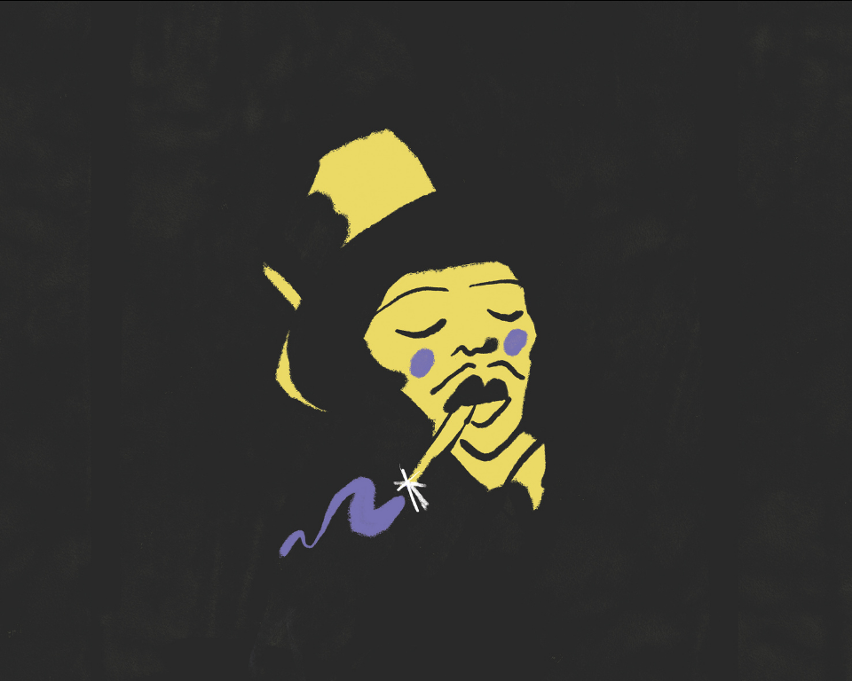 A yellow illustrated figure on a dark background smokes a cigarette, with a purple trail curling from it.