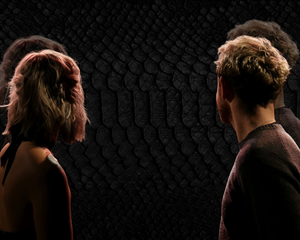Two people viewed from behind look toward a dark, textured wall, their reflections faintly repeated around them.