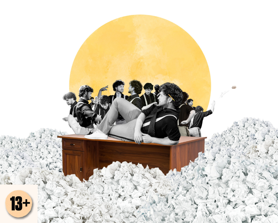 A collage of a person lounging on a wooden desk in front of a large yellow circle, surrounded by repeated cut-out versions of himself. Visible logo: 13+.