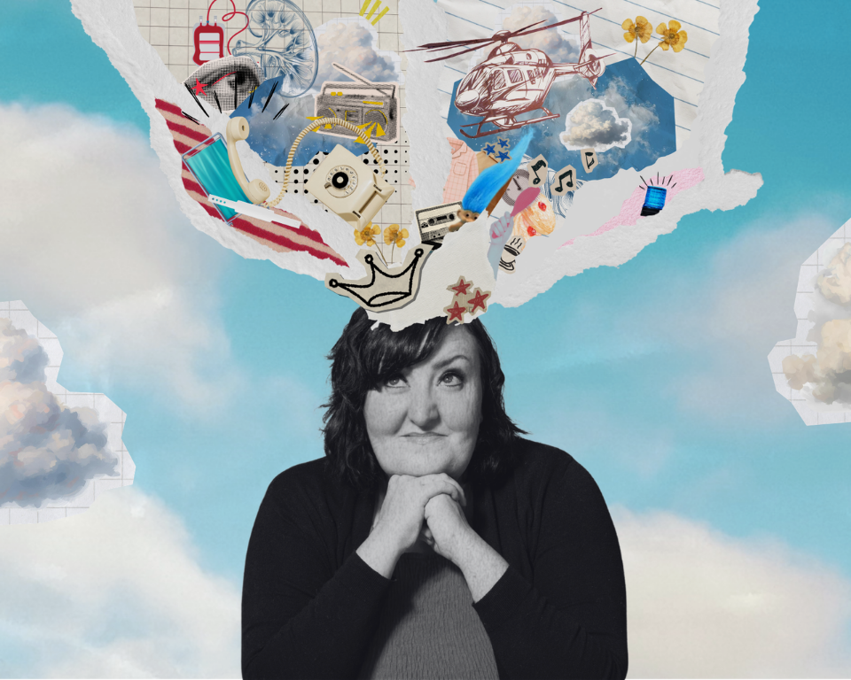 A black-and-white portrait of a person resting their chin on their hands, with a colourful collage bursting from their head against a blue sky background. The collage includes clouds, a helicopter, music notes, a fan, a telephone, a camera and other scattered objects.