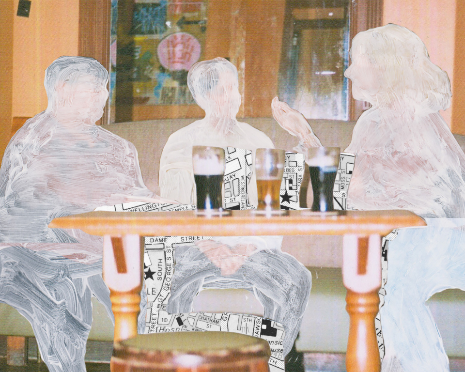 A semi-transparent, painterly image of three figures sitting around a table with pints, as if viewed through white brushstrokes. 