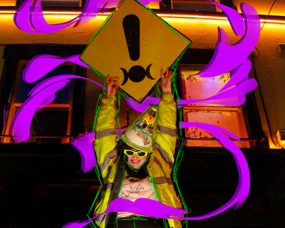 A person in a high-visibility jacket holding a yellow warning sign overhead, framed by abstract purple digital brushstrokes.