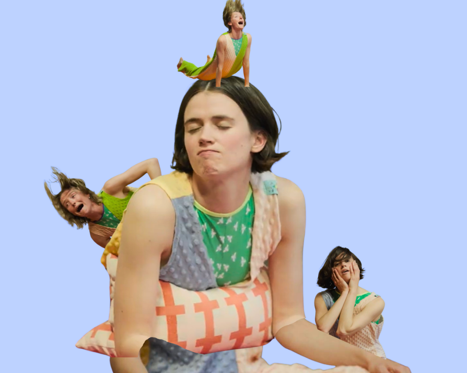 Two performers appear in a playful collage, with one figure balancing on another’s head against a pale blue background.