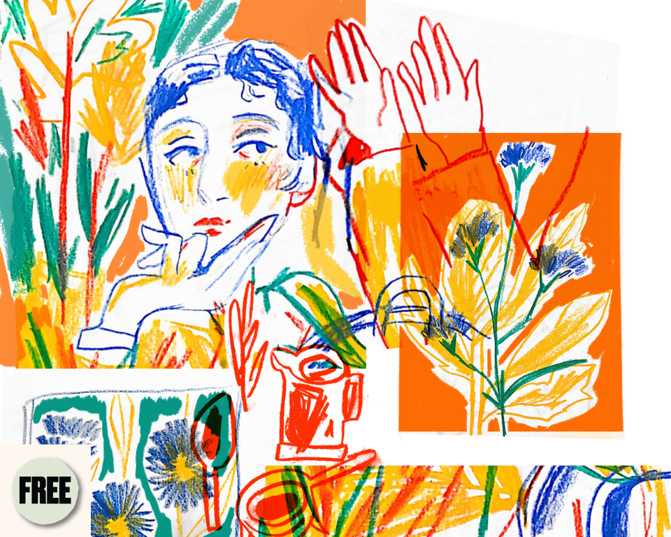A colourful illustration of faces, hands, flowers and leaves in orange, yellow, blue, green and red. Visible access symbol: Free.