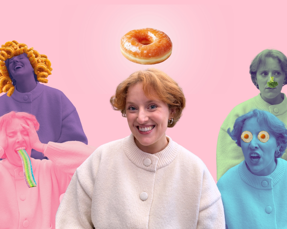 A surreal pop-art collage of a person interacting with different foods against a pink background, with a glazed donut floating over their head in the center.
