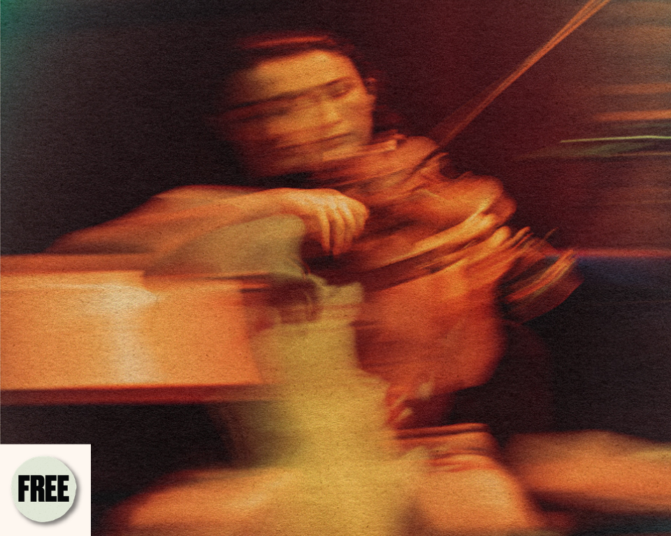 A blurry, motion-streaked photograph of a person playing a violin or viola, rendered in warm orange and brown tones with a textured grain finish.