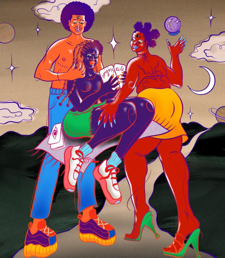 Colourful illustration of three people