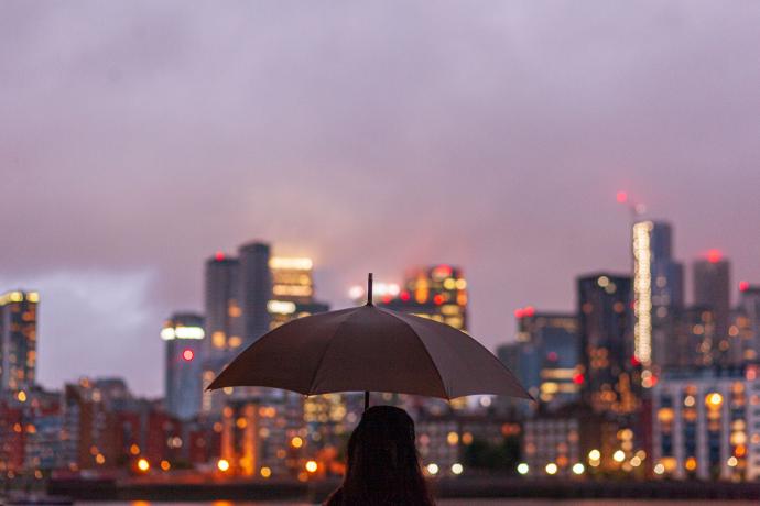 Person holding a umbrella facing dusky city lights