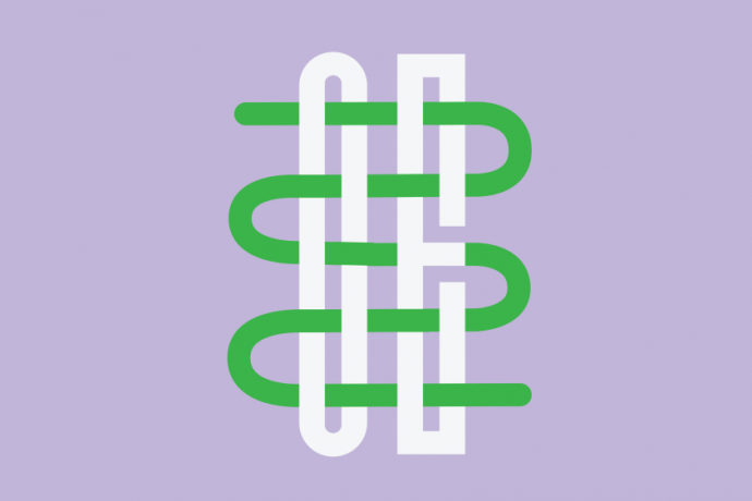 Letters O and E with green thread woven through on purple background