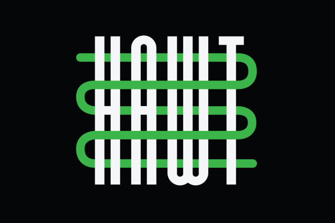 Letters spelling HAWT with green thread weaving through