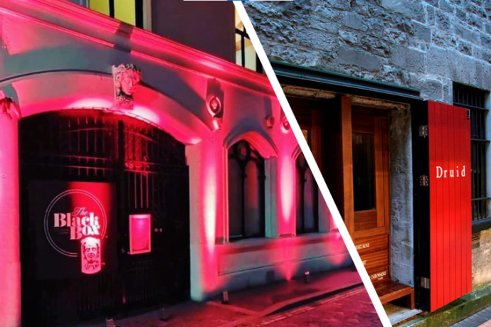 Images of the exterior of venues in Galway and Belfast composited together