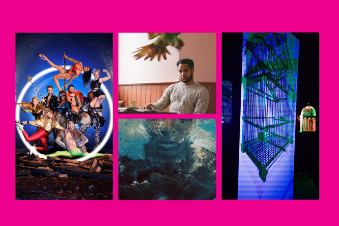 Promotional images of 4 festival shows collaged on a pink background