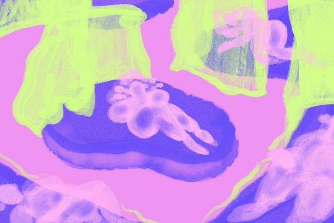 An abstract illustration in purple and green
