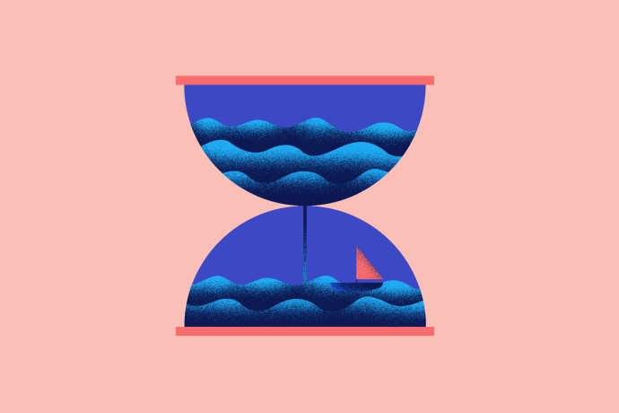 Illustration of an hourglass depicting the ocean and a small boat on a pink background