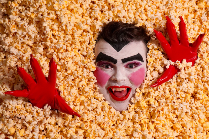 A face painted as a vampire and plastic red gloved hands appear above a layer of popcorn