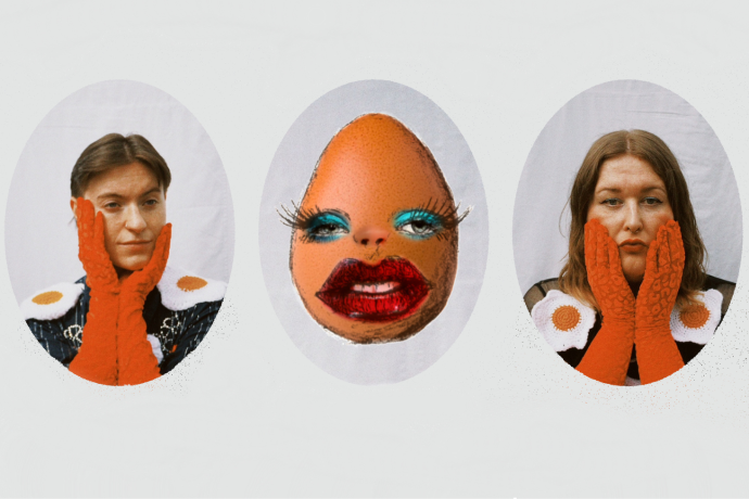 An egg with collaged facial features alongside two people wearing orange gloves with fried eggs on their shoulders. 