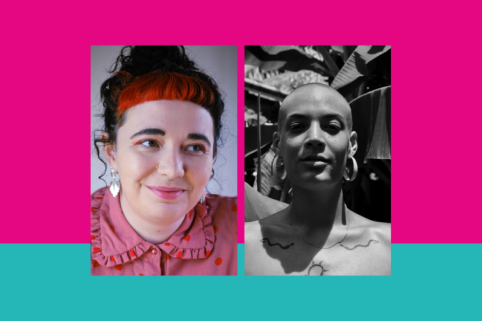 Headshots of two people side by side in a hot pink and teal frame