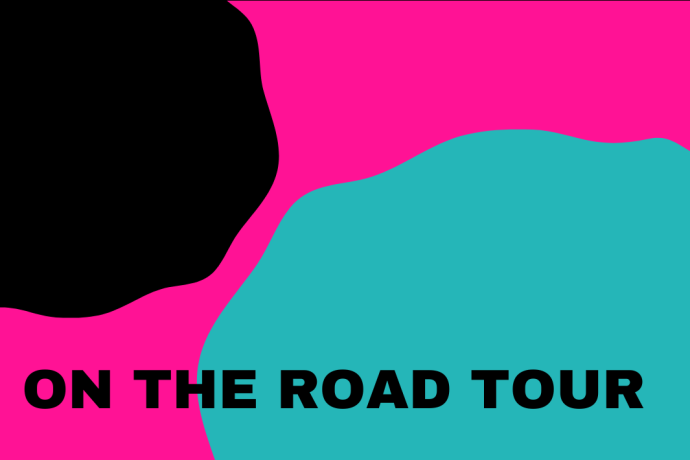 Teal, hot pink and black swirls with the text 'On The Road Tour' 