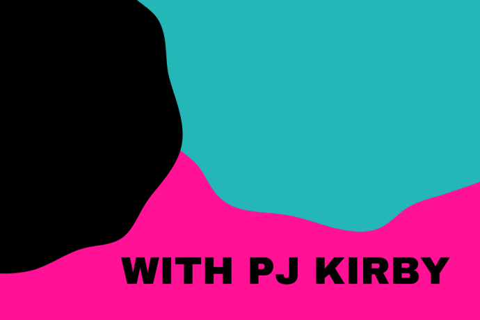 Teal, hot pink and black swirls with the text 'PJ Kirby' 